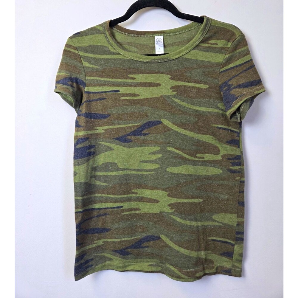 Alternative Women's Camo T-Shirt Green Brown Navy Round Neck Short Sleeve S